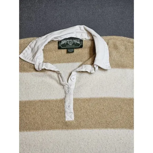 American Eagle Sweater Womens XS Tan White Striped Cropped Preppy Cozycore - Picture 2 of 7